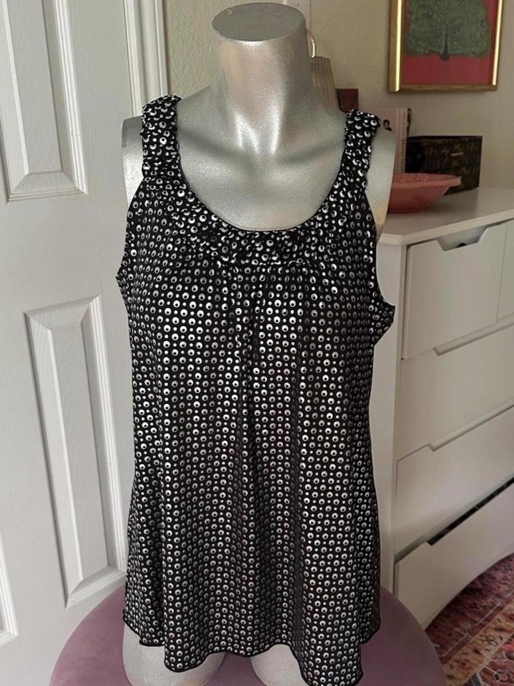 Vintage Sushiflower Black & Silver Polka Dot Pattern Sleeveless Top